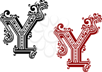 Retro capital letter Y in red and black colors with sweeping curves, twirls and dots. Isolated on white background for monogram or medieval design