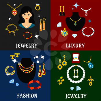Fashion luxury jewelry flat icons with precious necklace, bracelets, chains, earrings, pendants, rings and cufflinks