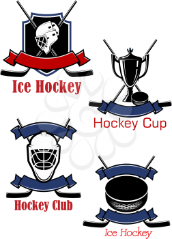 Ice hockey game icons and symbols with crossed sticks, pucks, goalie masks, trophy cup framed by heraldic shield and ribbon banners