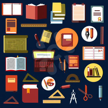 Education flat icons with books, laptop, notebooks, diary, drawing, clipboard, exercise books, pencils, pens, rulers, paints, scissor, compasses and diploma