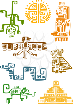 Ancient aztec and maya ornamental symbols of sun, god idol, pyramid, eagle, raven, monkey, sneak, lizard. For totem animal, religion or tattoo design