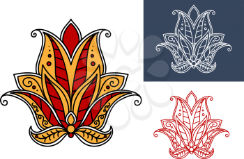 Colorful indian paisley flower with red and orange curved petals, adorned by traditional paisley ornaments. For textile or lace embellishment design