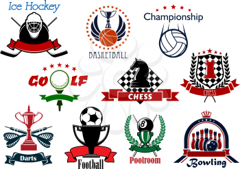 Sport and leisure icons or symbols with ice hockey, basketball, volleyball, golf, chess, darts, soccer, football, billiards, pool and bowling items