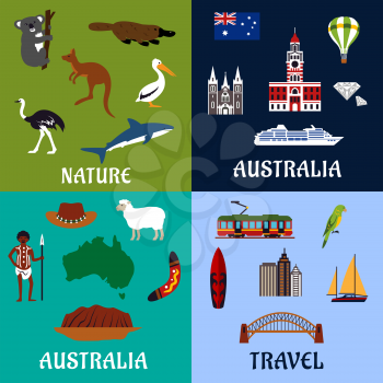 Australia travel symbols and icons in flat style with national flag, map, landmarks, surfboard and yachts, boomerang, aboriginal, unique nature and rare animals