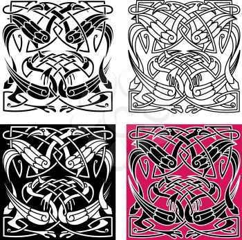 Celtic knot pattern with gorgeous herons with crests, wings and legs. For tattoo or art design