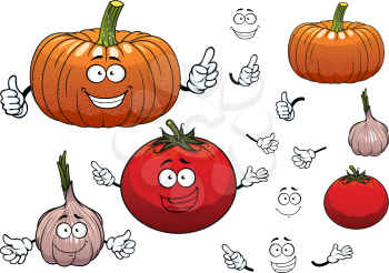 Squash or pumpkin, tomato and garlic cartoon vegetables characters with hands and happy faces, isolated on white