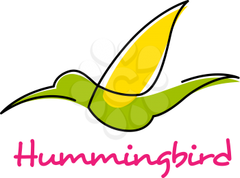 Colorful cartoon flying hummingbird with green and yellow plumage and the hand-written word Hummingbird below