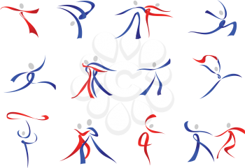 Flowing stylized modern dancers icons in red and blue in a variety of dance poses