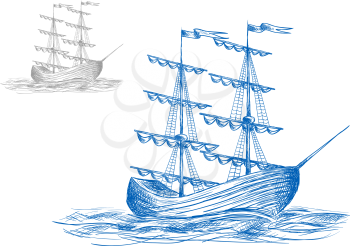 Medieval sail ship in ocean waves, for travel or adventure themes design