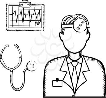 Doctor therapist in medical uniform with frontal reflector on head, stethoscope and heart cardiogram for healthcare design. Sketch style