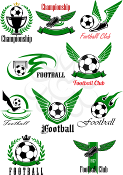 Football and soccer game icons with balls, shoes, trophy and gate, supplemented by wings, flames, laurel wreaths, crowns and ribbon banners