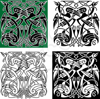 Ancient celtic birds symbols with tribal stylized herons or storks, decorated by traditional irish ornament. For tattoo or heraldry design