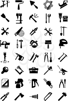 Black icons of screwdrivers, hammers, wrenches, pliers, saws, axes and drills, brush, roll, shovel, toolbox and jack plane, trowel, spatulas, spray and staple guns, vice, crowbar and wheelbarrow 