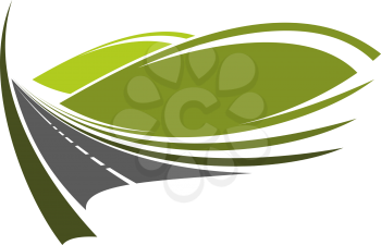 Mountain road icon with modern highway passes through the green valley with domed hills, for travel or transportation themes
