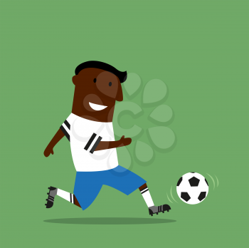 Smiling black football or soccer player in sporting uniform dribbling a ball on field during the match. Cartoon flat style