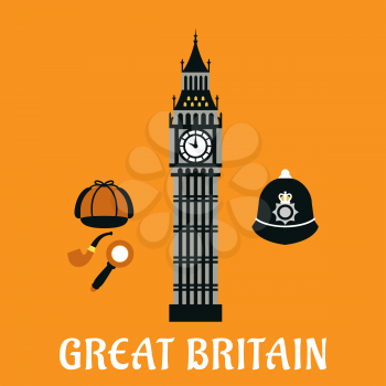 Great Britain travel symbols in flat style with  Big Ben tower, Sherlock cap, pipe, magnifier and custodian police helmet with caption Great Britain below