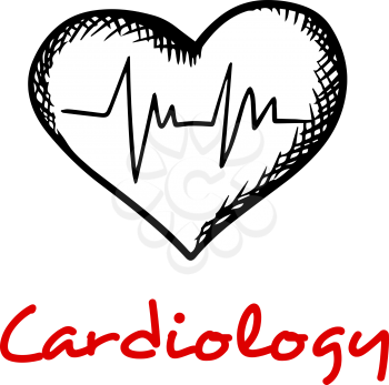 Cardiology concept with sketches of heart and heartbeat cardiogram graph isolated on white background with caption Cardiology 