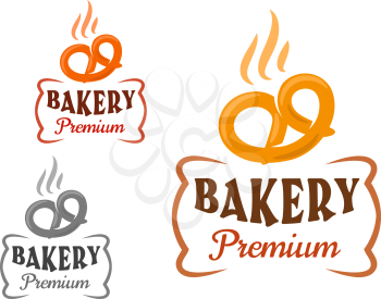 Premium bakery emblem with fresh baked soft pretzel, supplemented by figured frame. Isolated signs on white background