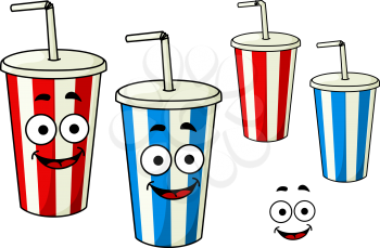 Takeaway red and blue soda striped cups cartoon characters with drinking straws and charming smiles, for fast food theme design