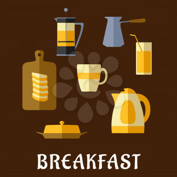 Breakfast food and drinks flat icons with fresh brewed coffee and tea, pots, cup, juice glass, butter, sliced bread on chopping board and electric kettle