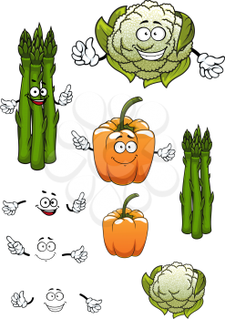 Cartoon healthful green asparagus, cauliflower and orange bell pepper vegetables characters isolated on white background, for vegetarian food or agriculture theme