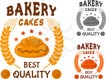 Bakery cakes icon of bun with poppy seeds, surrounded by stars, wheat ears and header Best quality with cookies on both sides
