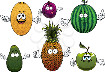 Juicy ripe cartoon fruit characters of melon, watermelon, avocado, apple, plum and pineapple. Isolated on white