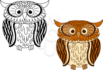 Brown and colorless cartoon owl birds with big eyes, for fairytales or mascot design