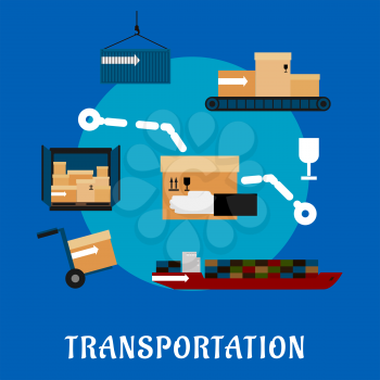 Shipping and logistics flat icons with cargo ship, containers, hand truck and conveyor belt with delivery boxes