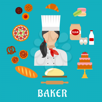 Baker profession flat icons with baker in chef hat, encircled by pizza, cupcakes, cake, macarons, croissant, long loaf of bread, cinnamon rolls, pretzel, dough with rolling pin, flour, eggs and milk