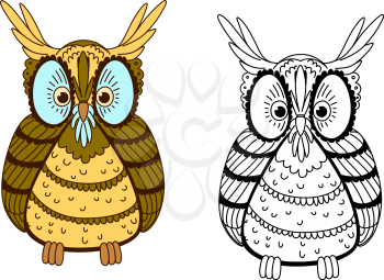 Cartoon  eagle owl character with second variant in outline style, for Halloween or education theme