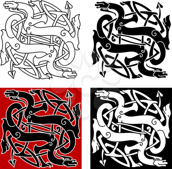 Celtic dragons knot pattern with medieval stylized totem animals, adorned by tribal decorative elements, for tattoo or t-shirt design