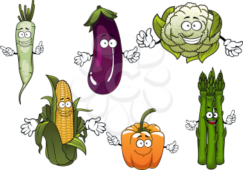 Organic farm corn cob, orange bell pepper, eggplant, cauliflower, daikon and bunch of asparagus vegetables cartoon characters for agriculture harvest and food themes