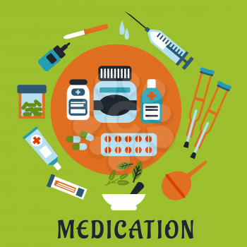 Medication flat icons with bottles, pills and capsules, encircled by surgeon, dropper with drops, ointment, sticking plaster, enema, crutches, mortar and pestle with herbs