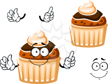 Friendly muffin cartoon character with raisins, topped by chocolate glaze and whipped cream, for dessert or pastry themes