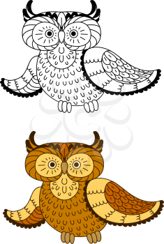 Stylized cartoon owl bird with brown and yellow feathers, including second variant with colorless bird in outline style. For Halloween theme design