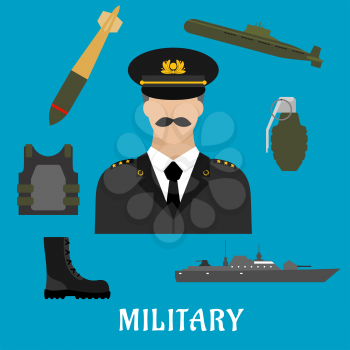 Military profession flat icons with moustached man in uniform, encircled by body armor, army boots, hand grenade, submarine, combat ship and torpedo