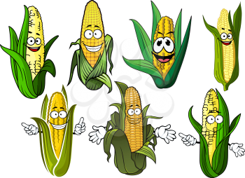 Happy cartoon sweet corn cobs characters with golden grains and green leaves, for agriculture or vegetarian food theme