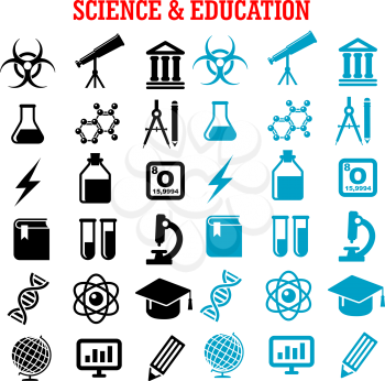 Science and education flat icons set with college, book, laboratory glasses, computer, microscope, globe, graduation cap, pencil, compasses, dna, atom, biohazard, electricity, oxygen