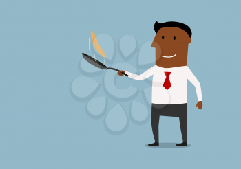 Cheerful african american businessman tossing up pancake in frying pan, cartoon style. Success in business concept