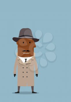 Serious african american detective man or spy agent in gray coat and fedora hat. Cartoon flat style