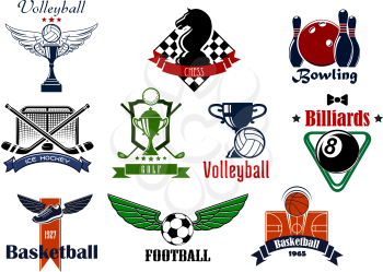 Sports club or team emblems and icons for football, soccer, basketball, ice hockey, bowling, billiards, golf, chess and volleyball game with items