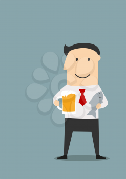 Cheerful smiling businessman relaxing after hard day with mug of beer and dried salted fish. Cartoon flat style