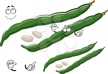 Cartoon green pods of common bean character with white seeds, isolated on white. For agriculture, harvest or vegetarian food design 