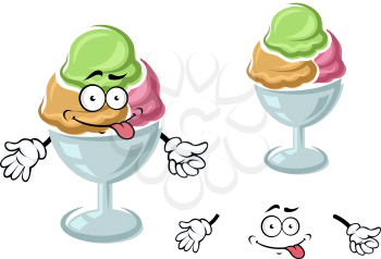 Cartoon sundae ice cream character with chocolate, strawberry and mint scoops in wide dessert bowl. For dessert heme