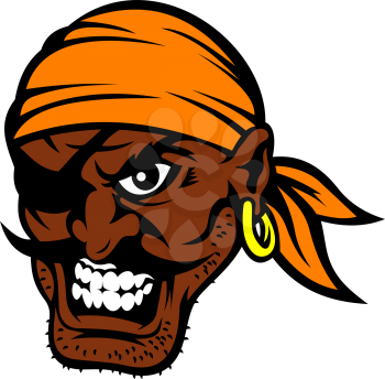 Furious cartoon black moustached pirate character with eye patch, orange bandanna and gold earring, baring teeth in evil smile