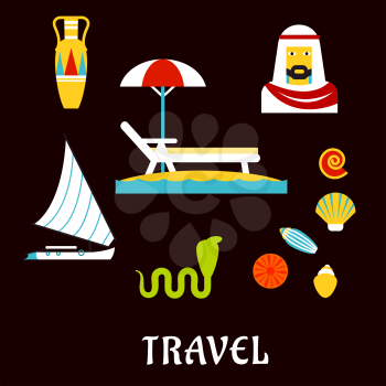 Egypt travel and beach vacation concept with flat icons with sea waves, chaise lounge and umbrella, sailboat or yacht, ancient amphora, egyptian sheikh, cobra and seashells