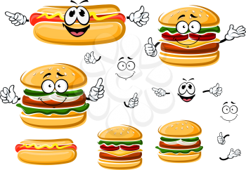 Happy fast food hamburger, hot dog and cheeseburger cartoon characters. For takeaway and fast food menu design
