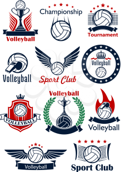 Volleyball game sport emblems, icons and symbols with balls, trophies, whistles and nets. Decorated by heraldic shield, wreath and ribbon banners, stars, crowns, wings and flames
