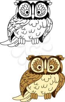Brown and colorless retro stylized cartoon owl bird mascot with cute ear tufts and sharp talons, for Halloween or wildlife theme design